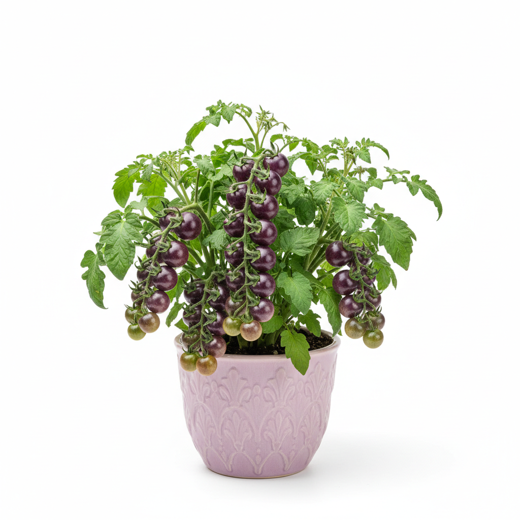 Purple Linglong Tomato plant with deep violet cherry tomatoes